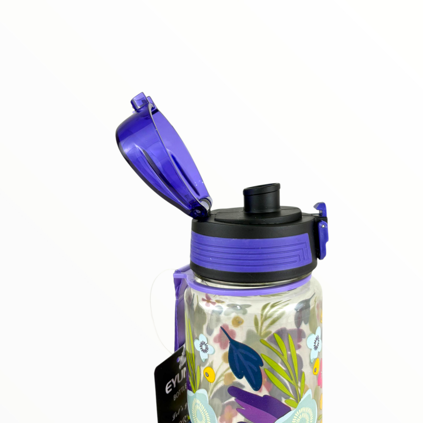 Floral Leak-Proof Water Bottle with Secure Flip Lid & Strap – BPA-Free Clear Hydration Bottle (Purple Top)