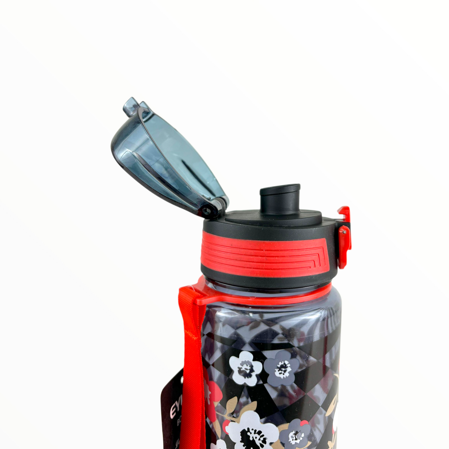 Floral Leak-Proof Sports Water Bottle with Strap – BPA-Free Hydration Bottle (Black & Red)