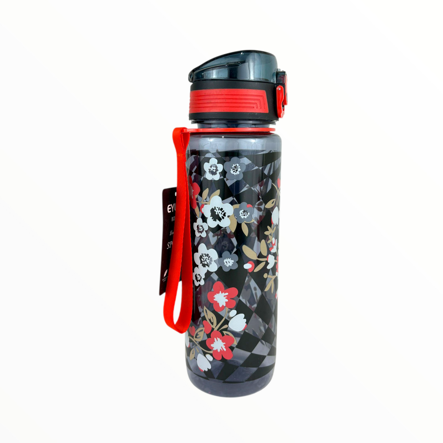 Floral Leak-Proof Sports Water Bottle with Strap – BPA-Free Hydration Bottle (Black & Red)