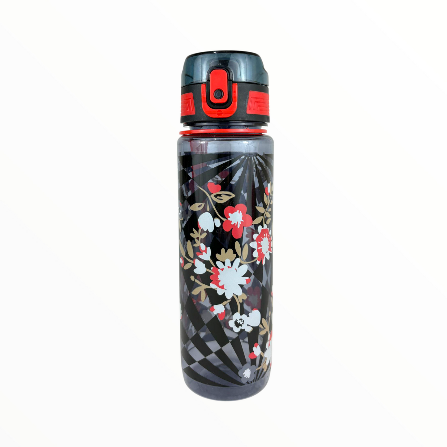 Floral Leak-Proof Sports Water Bottle with Strap – BPA-Free Hydration Bottle (Black & Red)
