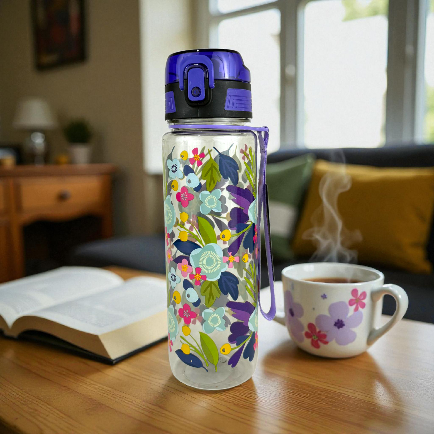Floral Leak-Proof Water Bottle with Secure Flip Lid & Strap – BPA-Free Clear Hydration Bottle (Purple Top)