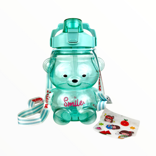 Kids Bear Water Bottle – Cute Smile Teddy Design, BPA-Free Leak-Proof Bottle with Strap, 600ml (Mint Blue)