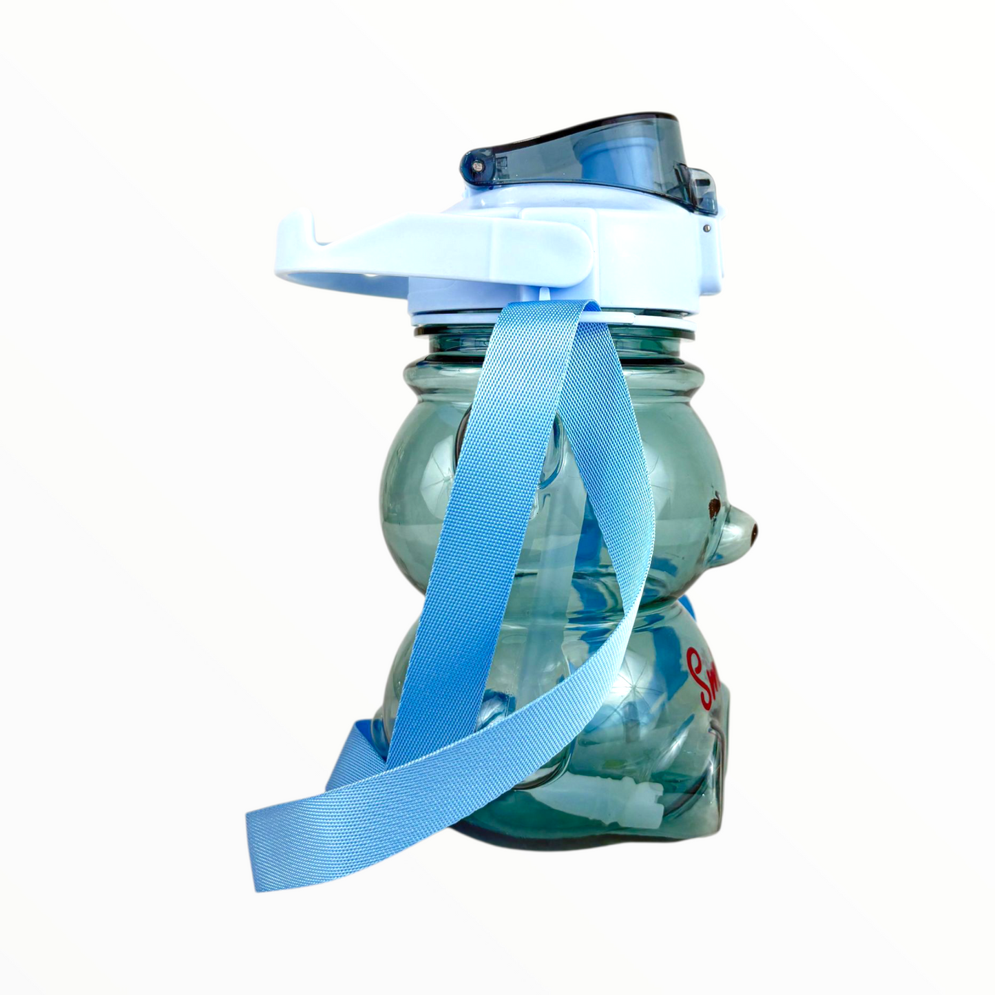 Kids Bear Water Bottle – Cute Smile Teddy Design, BPA-Free Leak-Proof Bottle with Strap, 600ml (Blue)