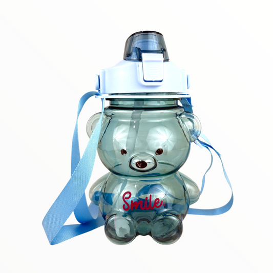 Kids Bear Water Bottle – Cute Smile Teddy Design, BPA-Free Leak-Proof Bottle with Strap, 600ml (Blue)