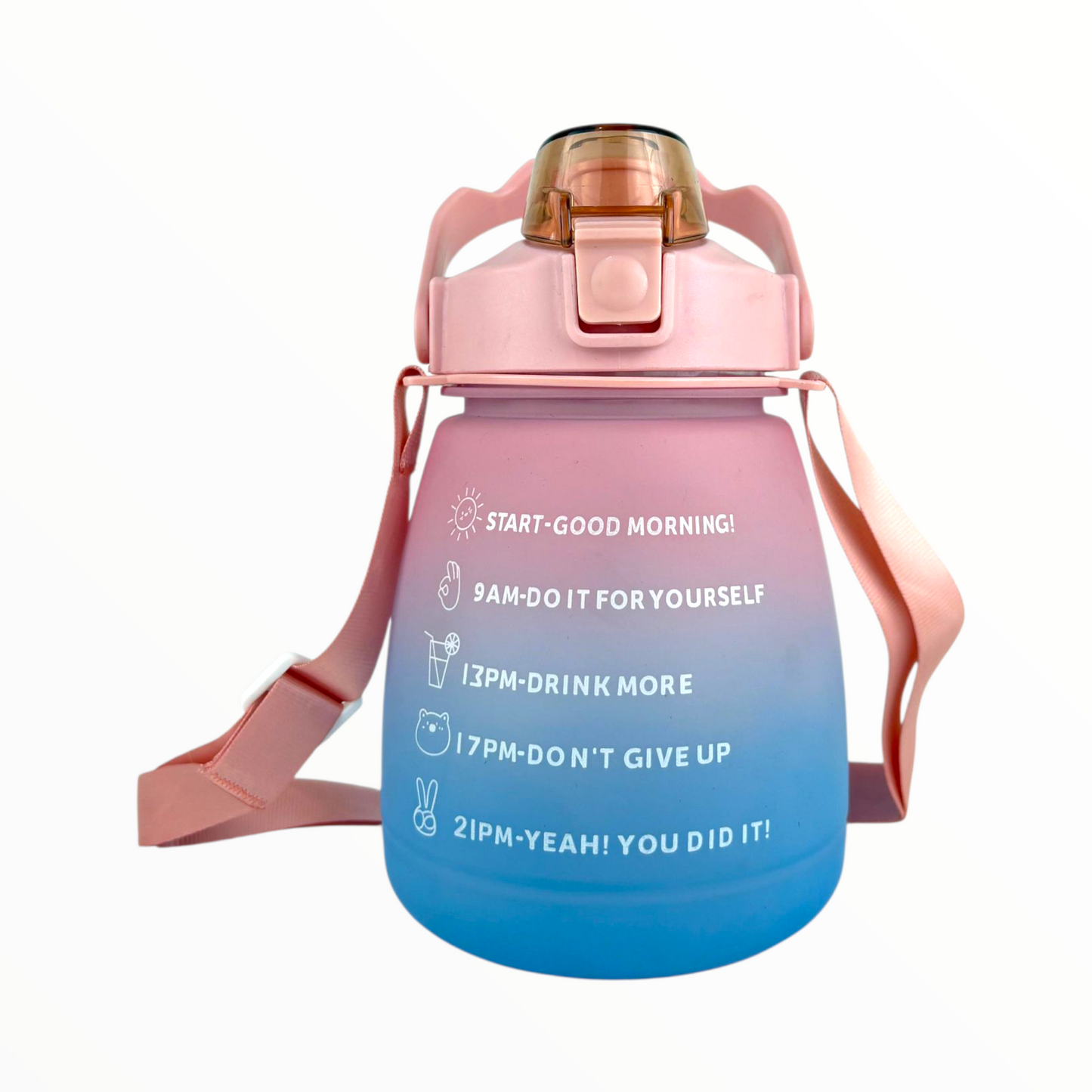 Kids Motivational Gradient Water Bottle – Leak-Proof Straw Bottle with Time Marker & Strap (Pink–Blue, 1L)