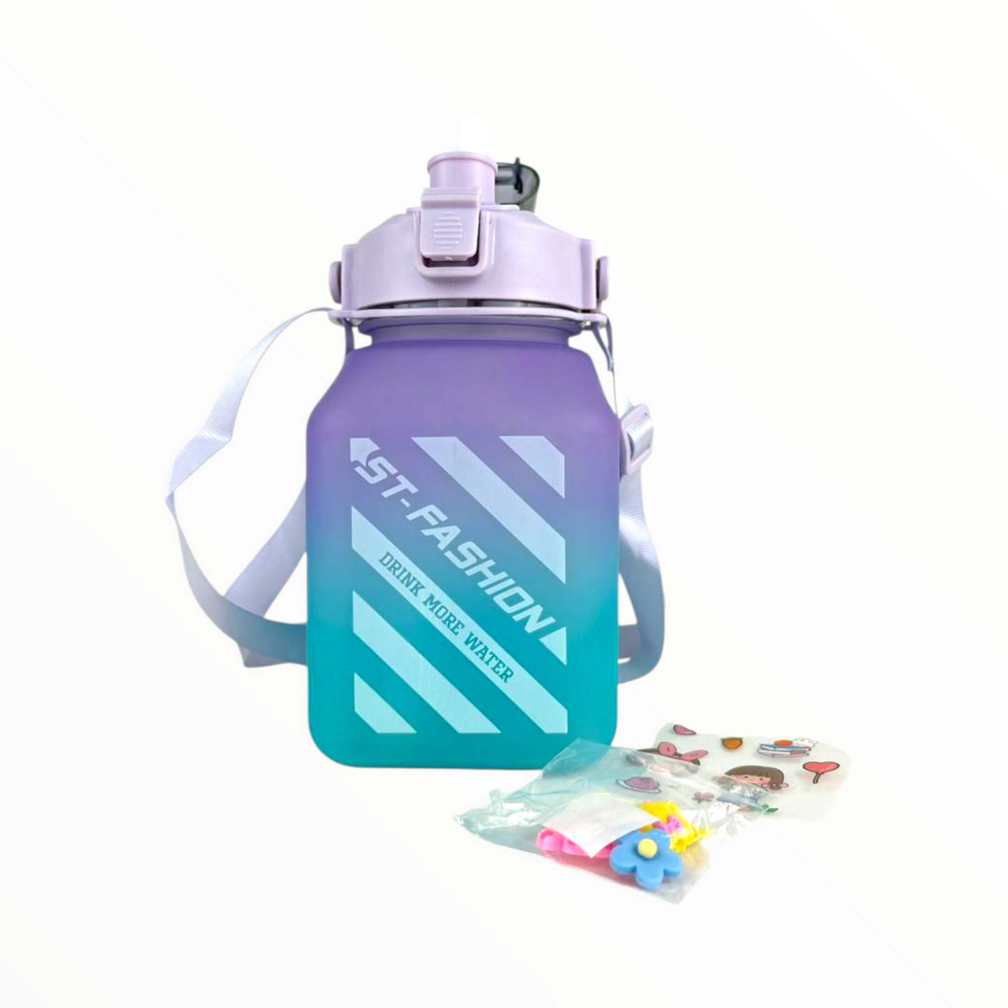 Kids Gradient Water Bottle with Stickers – ST-Fashion Leak-Proof Bottle with Straw & Strap (Purple–Teal, 1L)