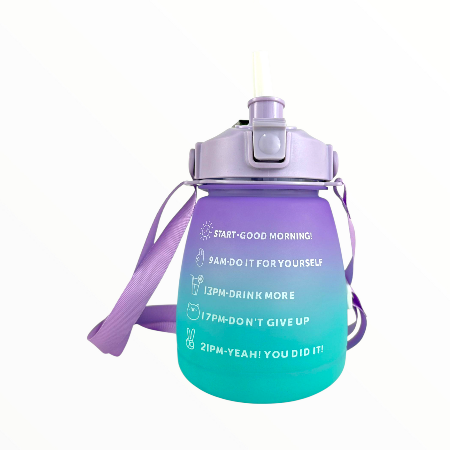 1L Gradient Motivational Water Bottle with Straw & Strap – Leak-Proof Hydration Tracker (Purple & Teal)