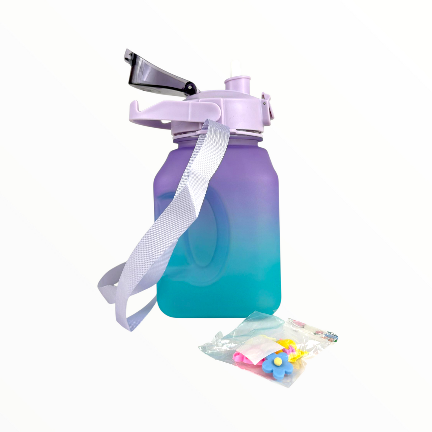 1L Gradient Motivational Water Bottle with Straw & Strap – Leak-Proof Hydration Tracker (Purple & Teal)