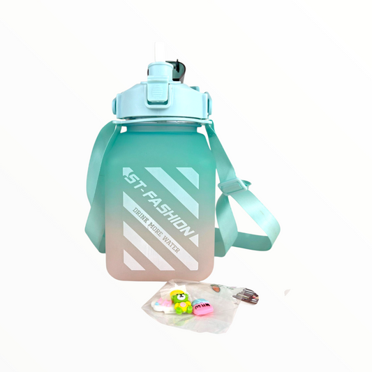 Kids Motivational Gradient Water Bottle – Leak-Proof Straw Bottle with Time Marker & Strap (green –brown, 1L)