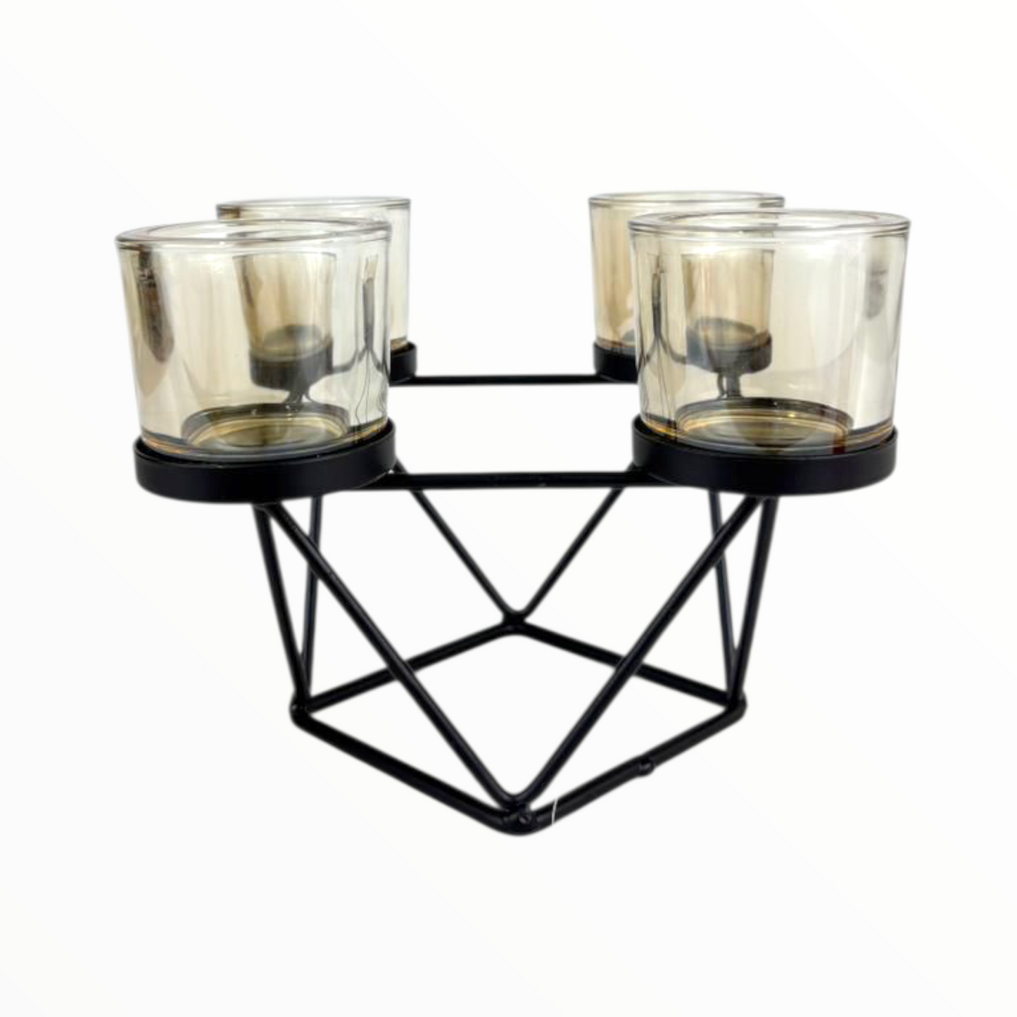 Modern 4-Cup Geometric Candle Holder – Black Metal Frame with Amber Glass Cups