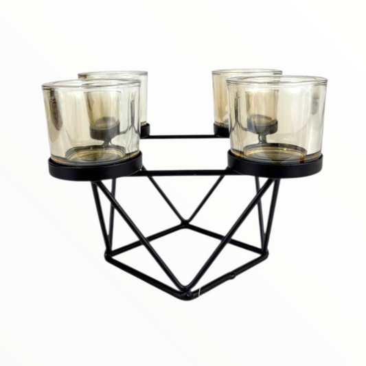 Modern 4-Cup Geometric Candle Holder – Black Metal Frame with Amber Glass Cups