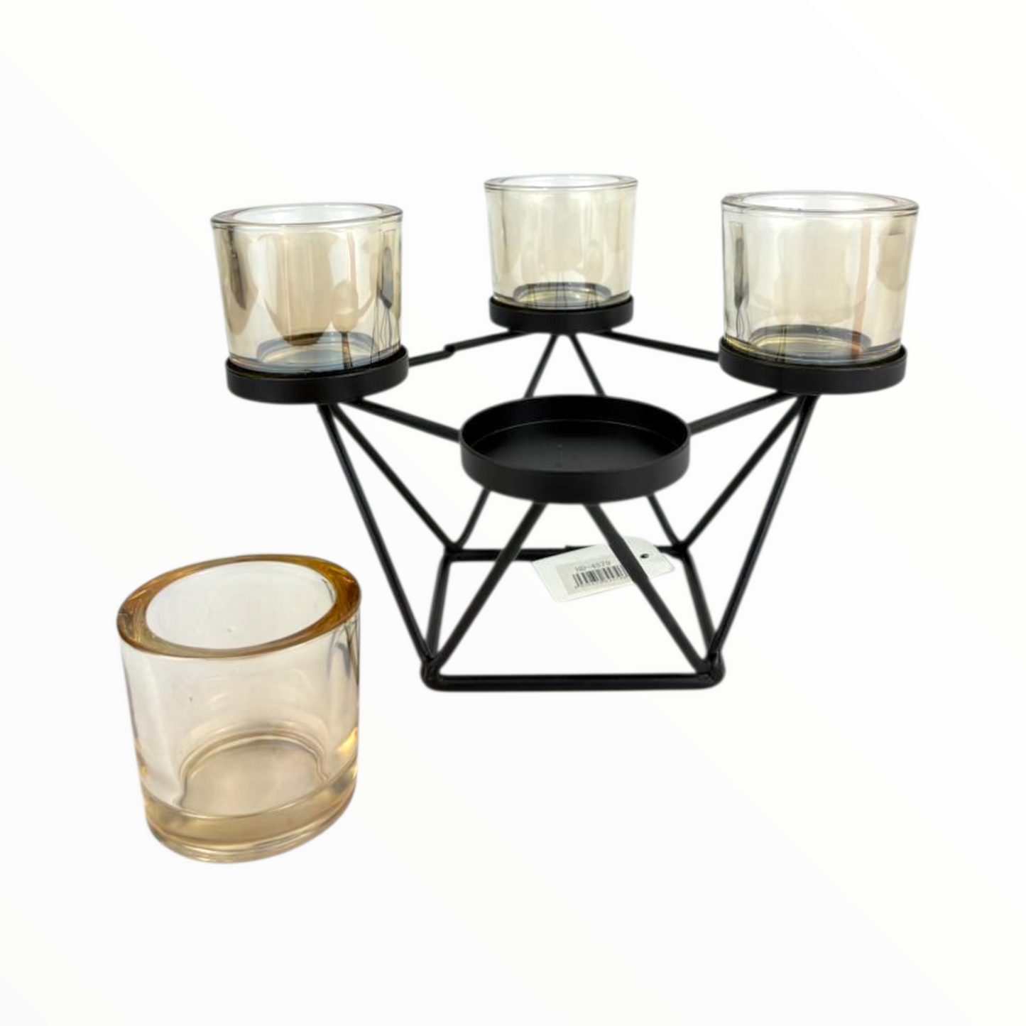 Modern 4-Cup Geometric Candle Holder – Black Metal Frame with Amber Glass Cups