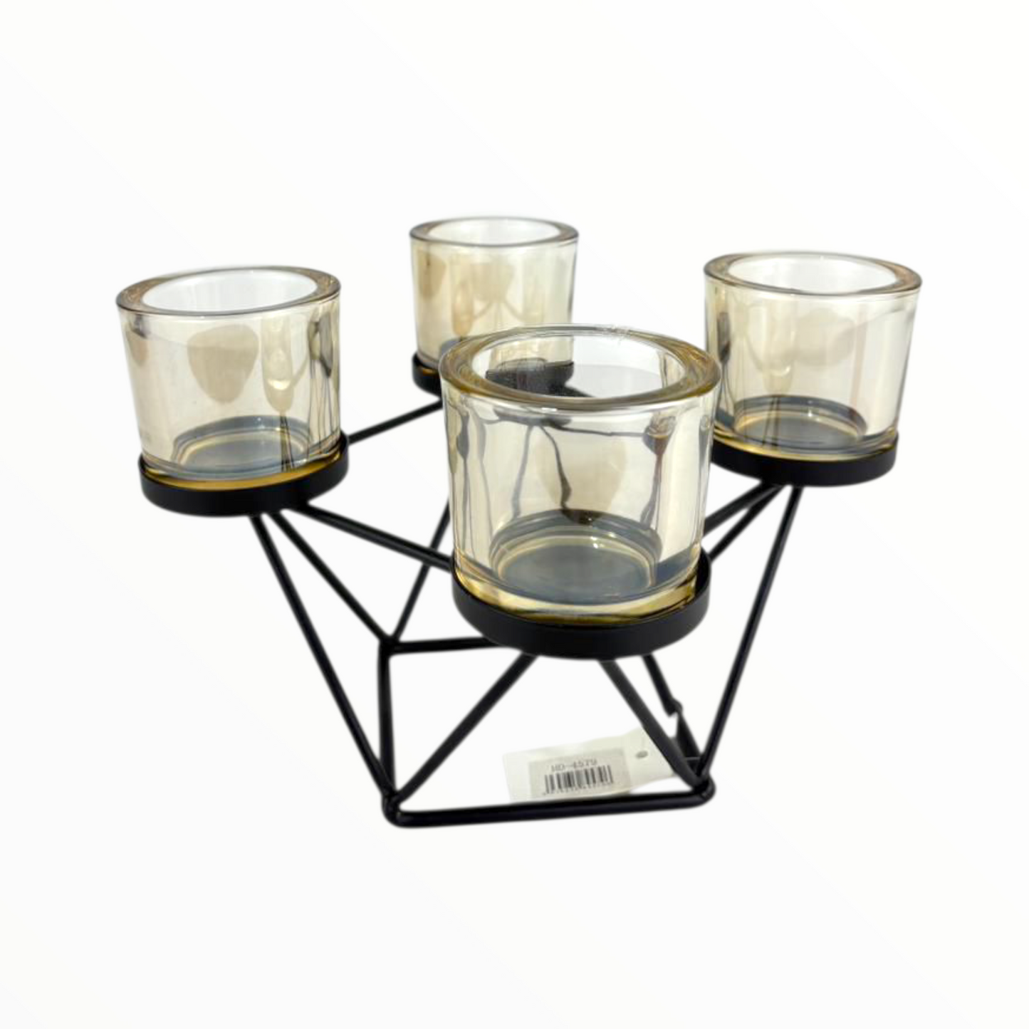 Modern 4-Cup Geometric Candle Holder – Black Metal Frame with Amber Glass Cups