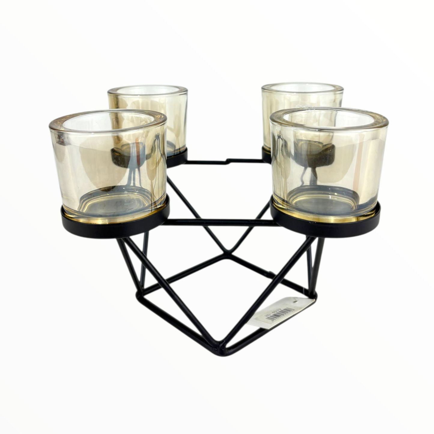 Modern 4-Cup Geometric Candle Holder – Black Metal Frame with Amber Glass Cups