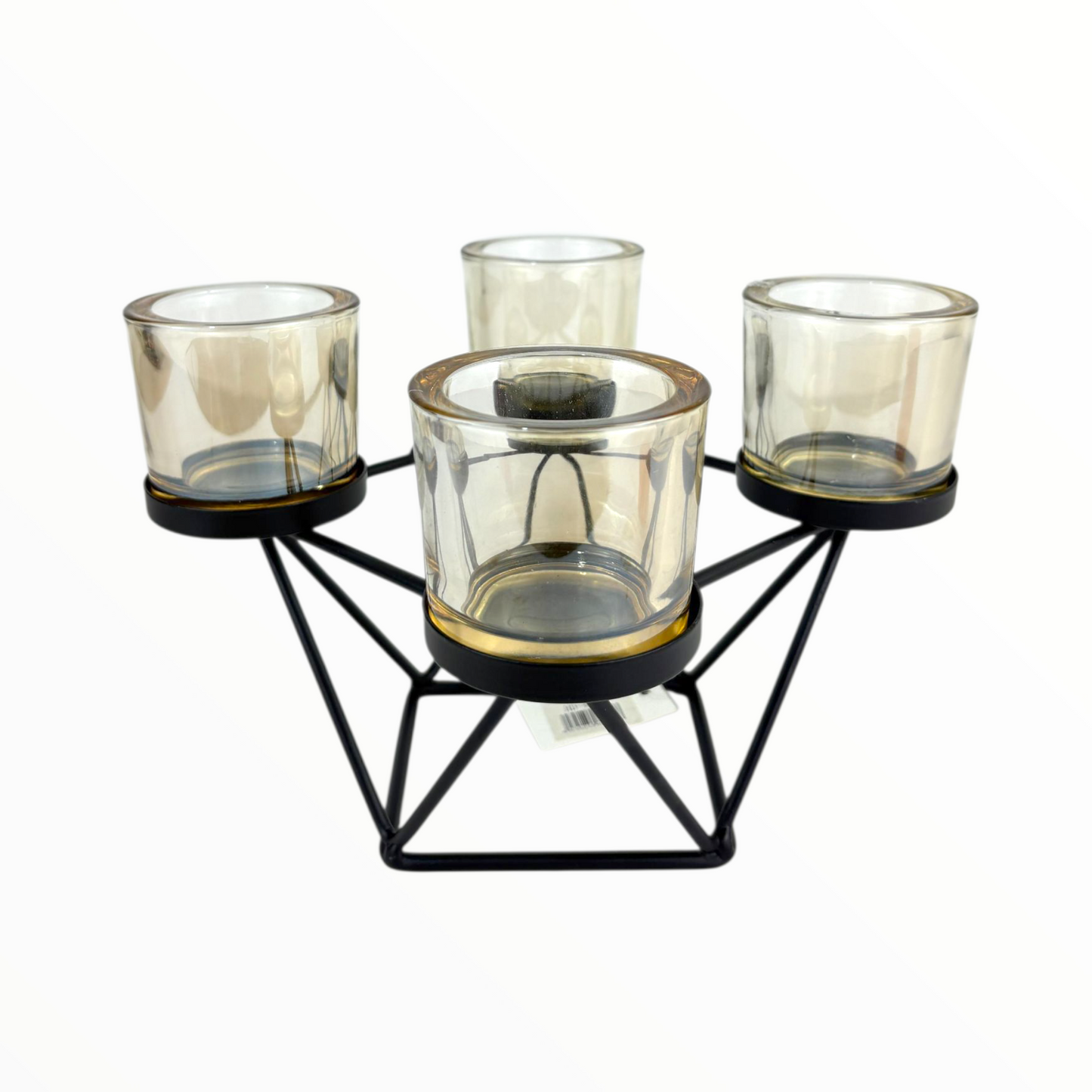 Modern 4-Cup Geometric Candle Holder – Black Metal Frame with Amber Glass Cups
