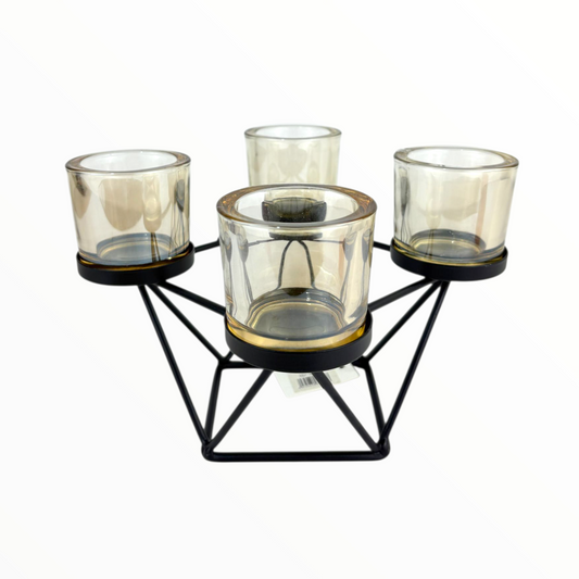 Modern 4-Cup Geometric Candle Holder – Black Metal Frame with Amber Glass Cups