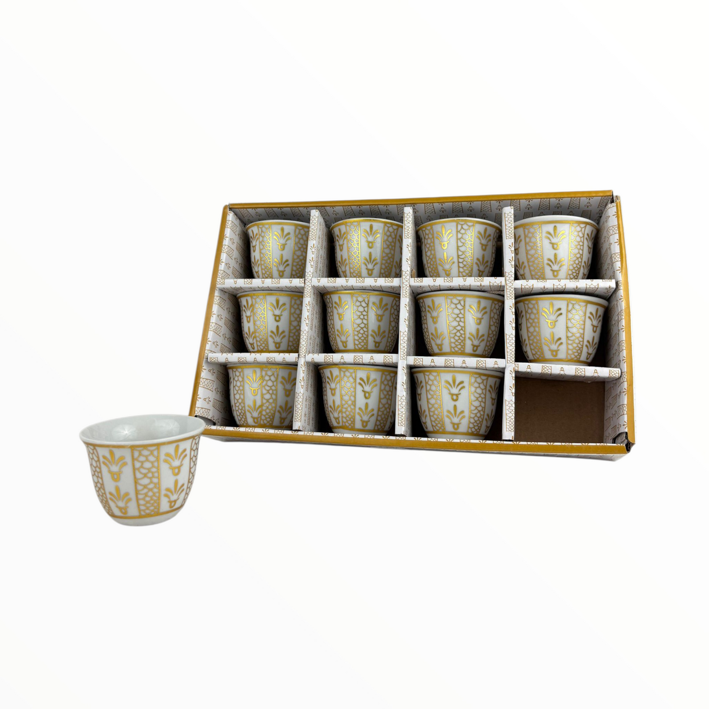 12-Piece Arabic Coffee Cups Set – Premium Gold Pattern Finjan (Ceramic)