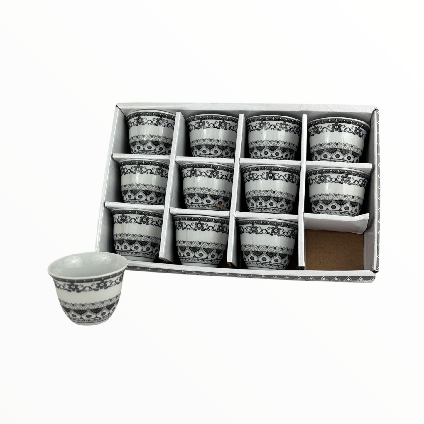 12-Piece Arabic Coffee Cups Set – black Traditional Pattern Finjan (Premium Ceramic)
