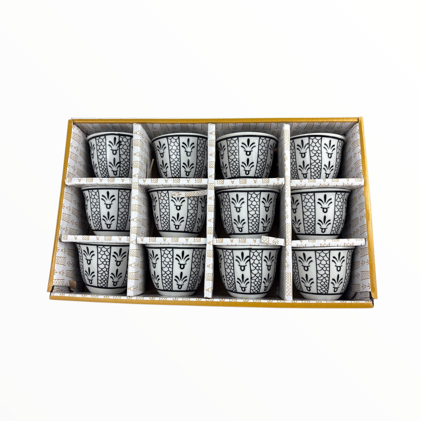 12-Piece Arabic Coffee Cups Set – Premium Black & White Finjan (Ceramic Traditional Design)