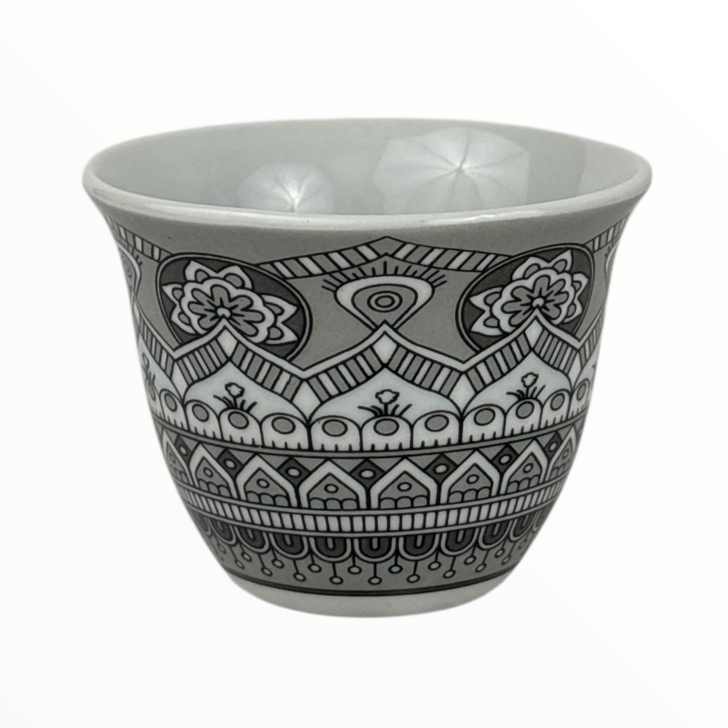 12-Piece Arabic Coffee Cups Set – Premium Ceramic Finjan with Traditional Grey Arabian Pattern