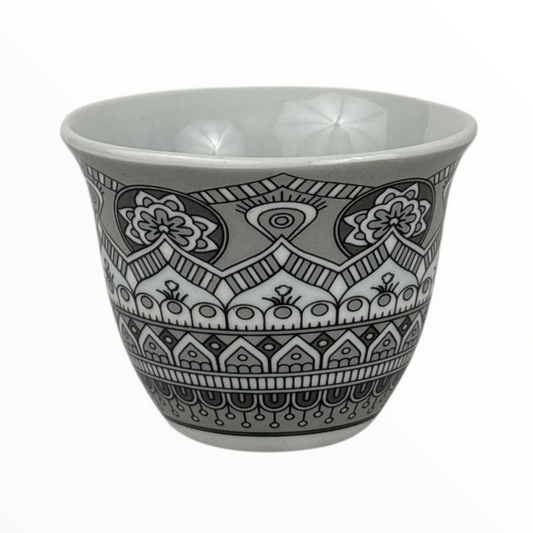 12-Piece Arabic Coffee Cups Set – Premium Ceramic Finjan with Traditional Grey Arabian Pattern