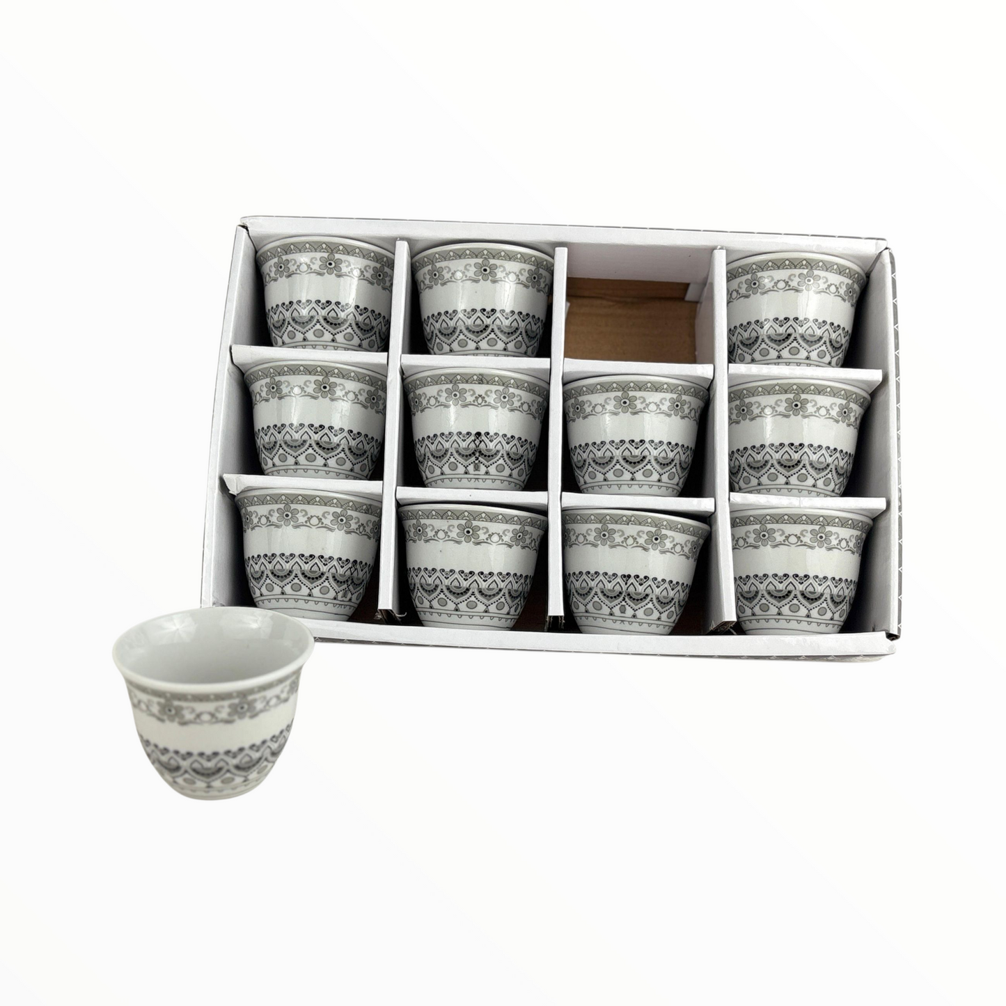 12-Piece Arabic Coffee Cups Set – Grey Traditional Pattern Finjan (Premium Ceramic)