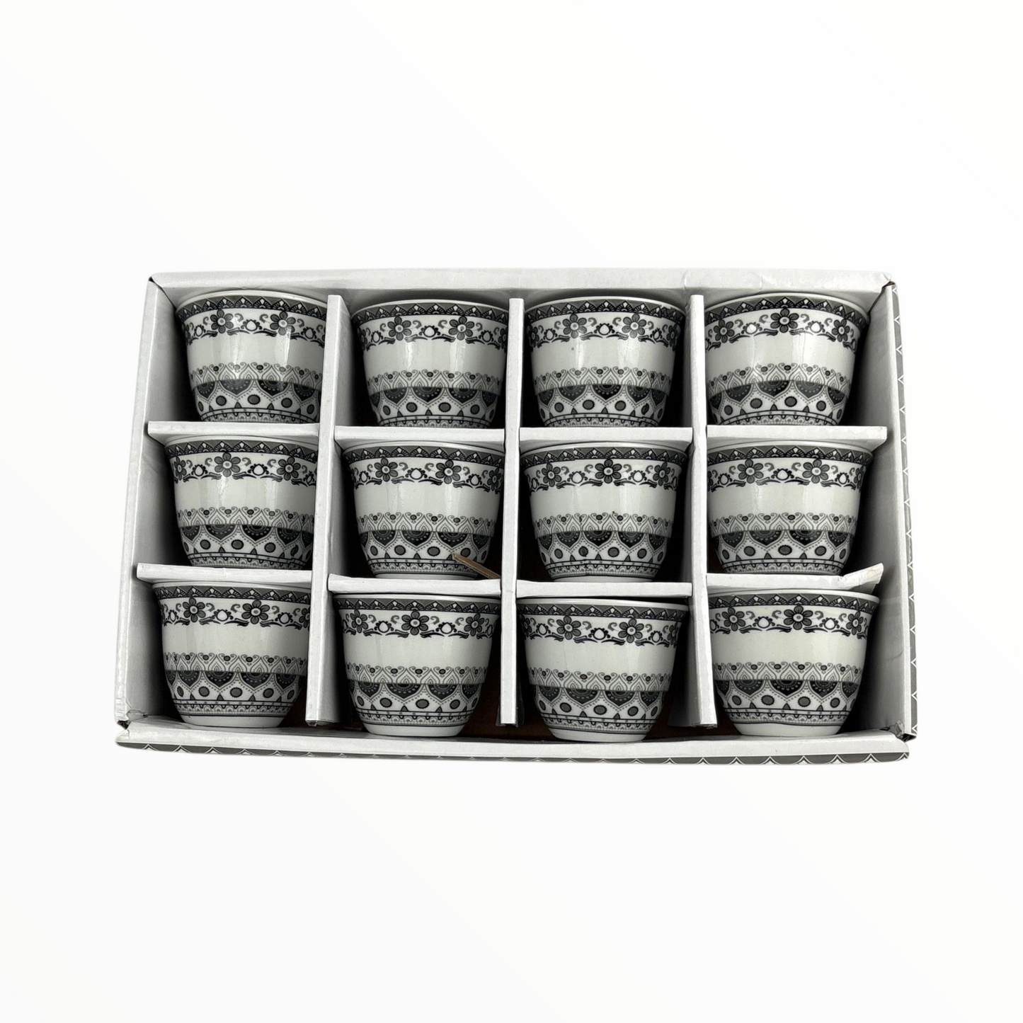 12-Piece Arabic Coffee Cups Set – black Traditional Pattern Finjan (Premium Ceramic)