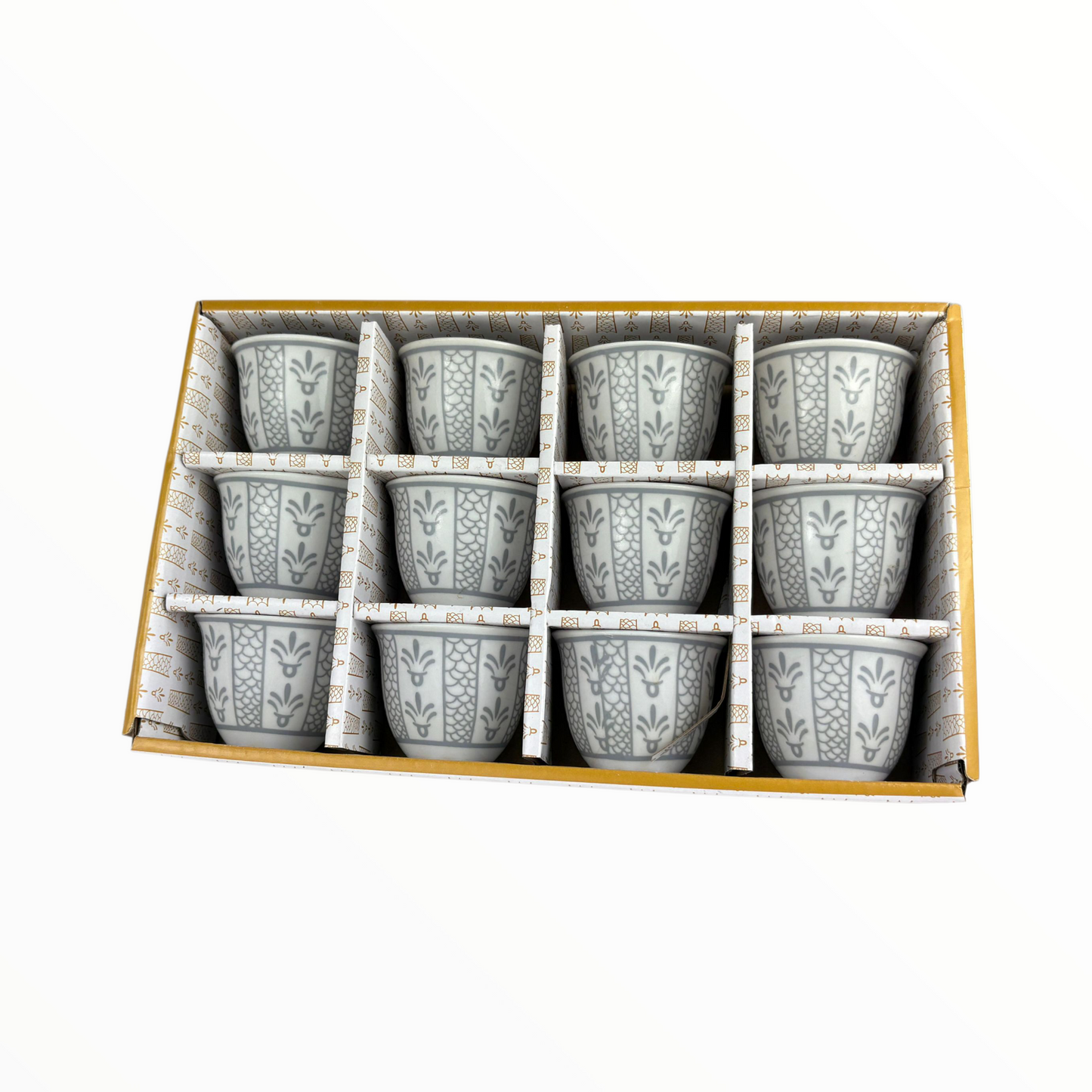 12-Piece Arabic Coffee Cups Set – Classic Grey Finjan with Traditional Pattern