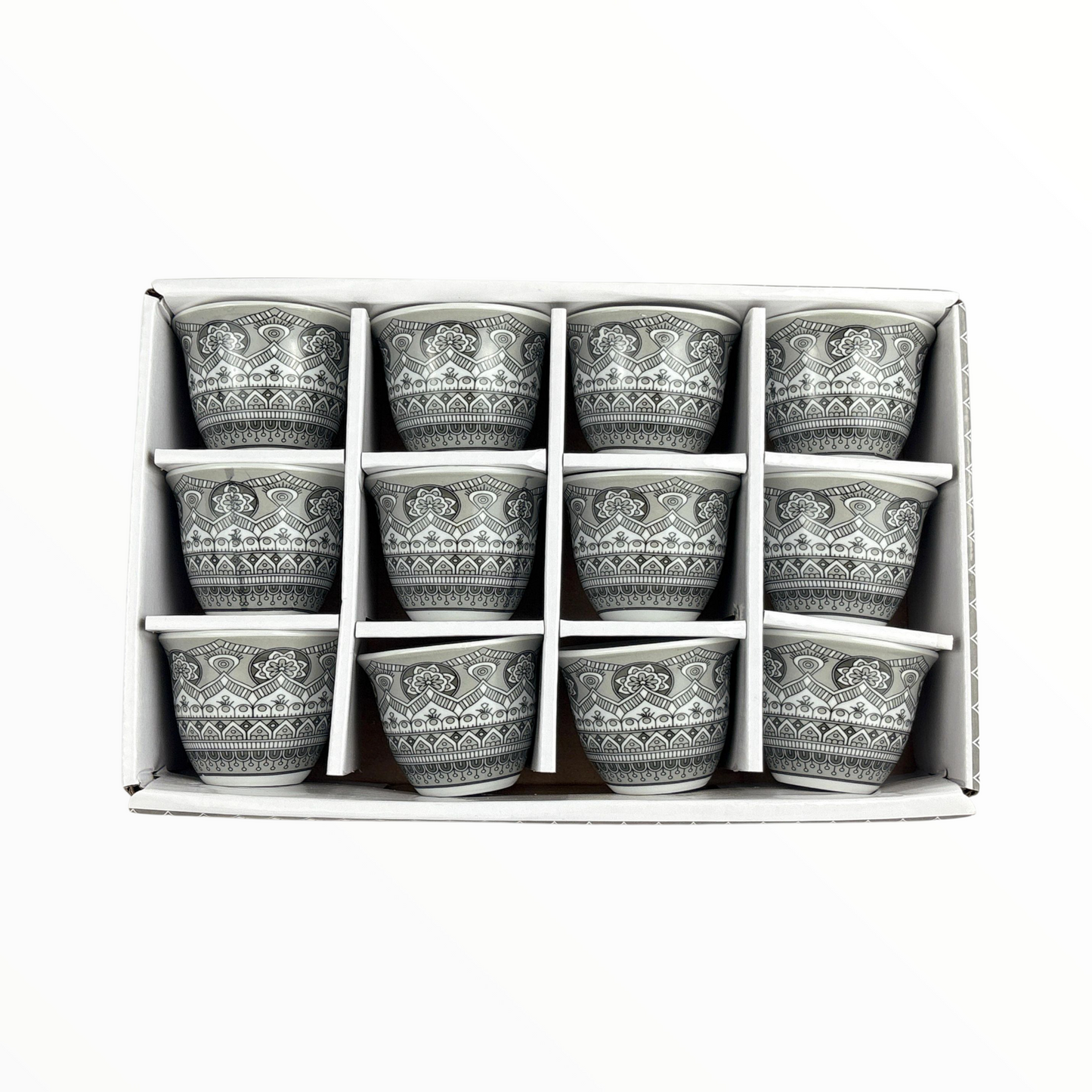 12-Piece Arabic Coffee Cups Set – Premium Ceramic Finjan with Traditional Grey Arabian Pattern