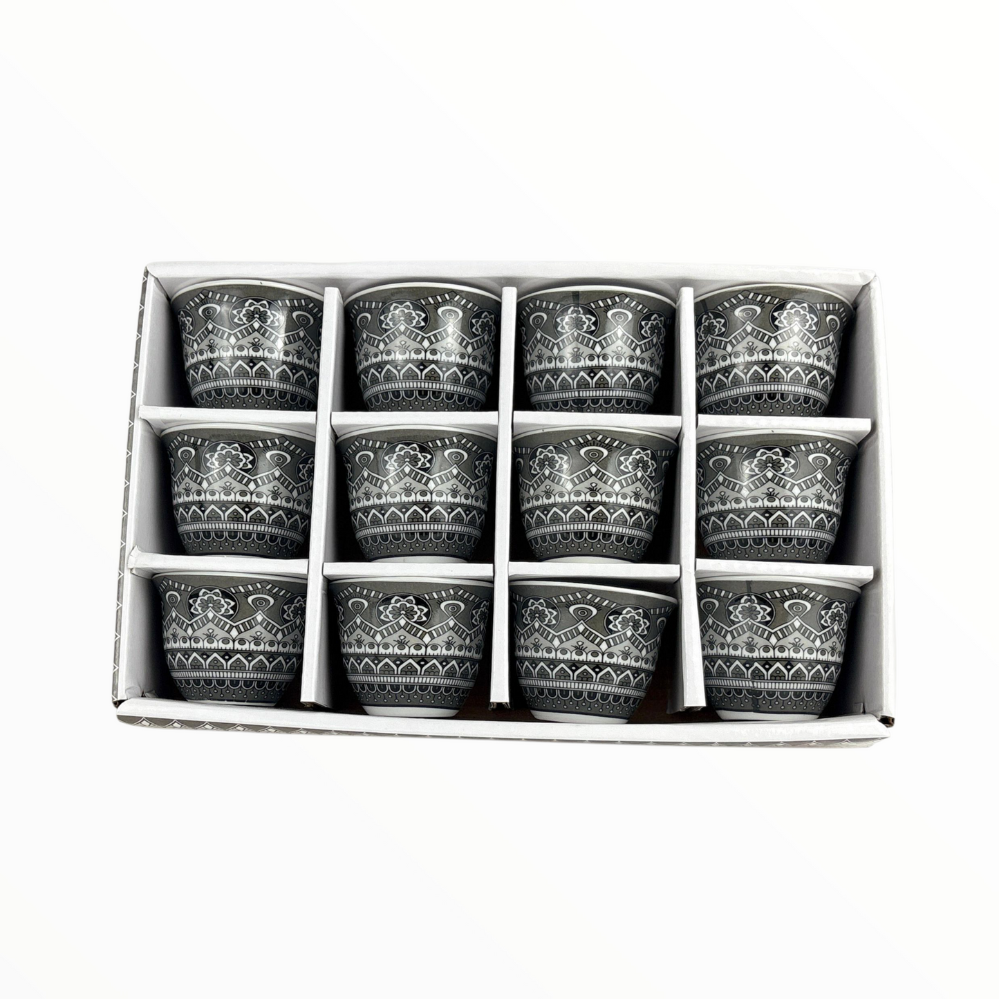 12-Piece Arabic Coffee Cups Set – Premium Ceramic Finjan with Traditional Grey Arabian Pattern