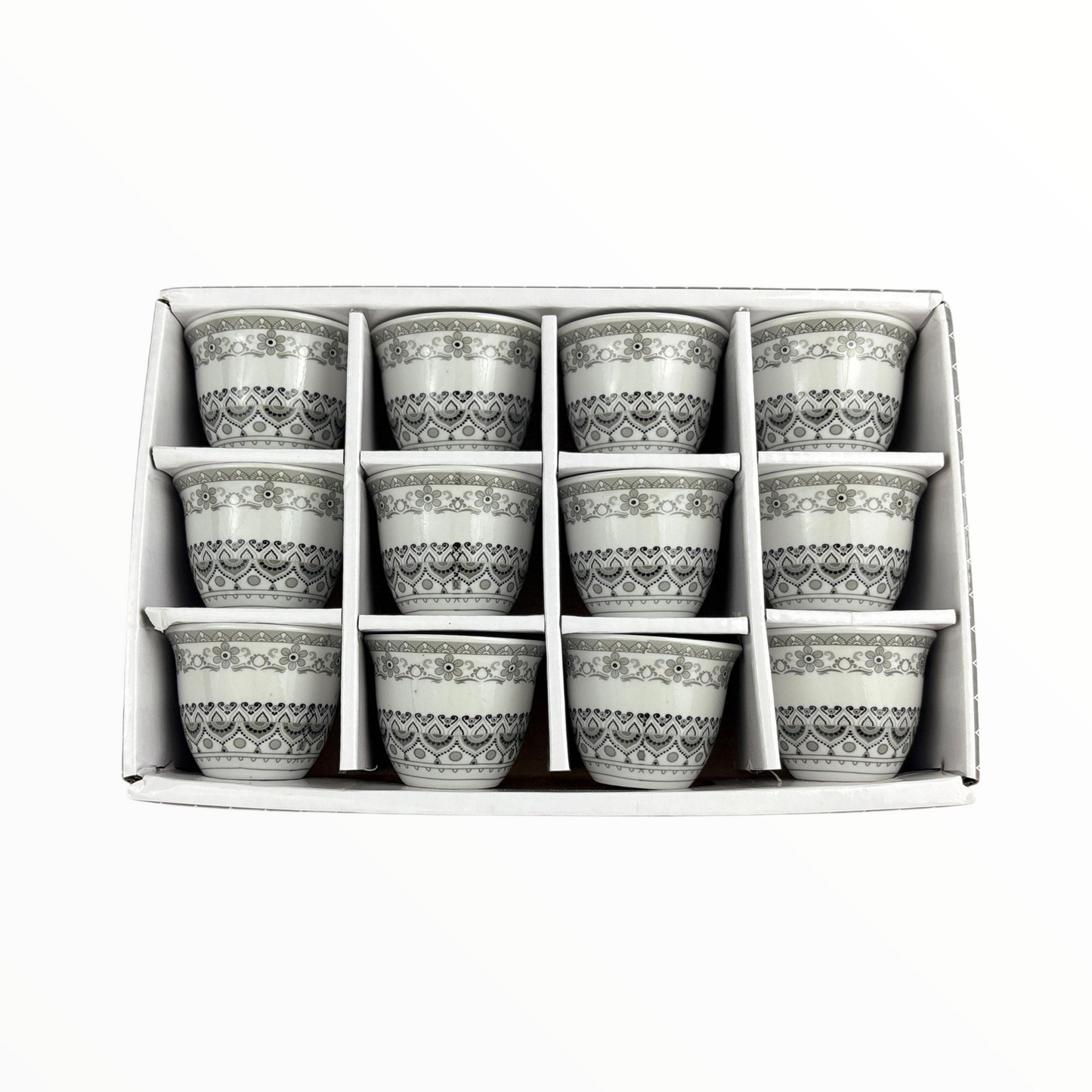 12-Piece Arabic Coffee Cups Set – Grey Traditional Pattern Finjan (Premium Ceramic)