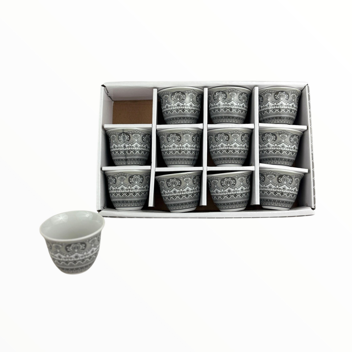 12-Piece Arabic Coffee Cups Set – Premium Ceramic Finjan with Traditional Grey Arabian Pattern