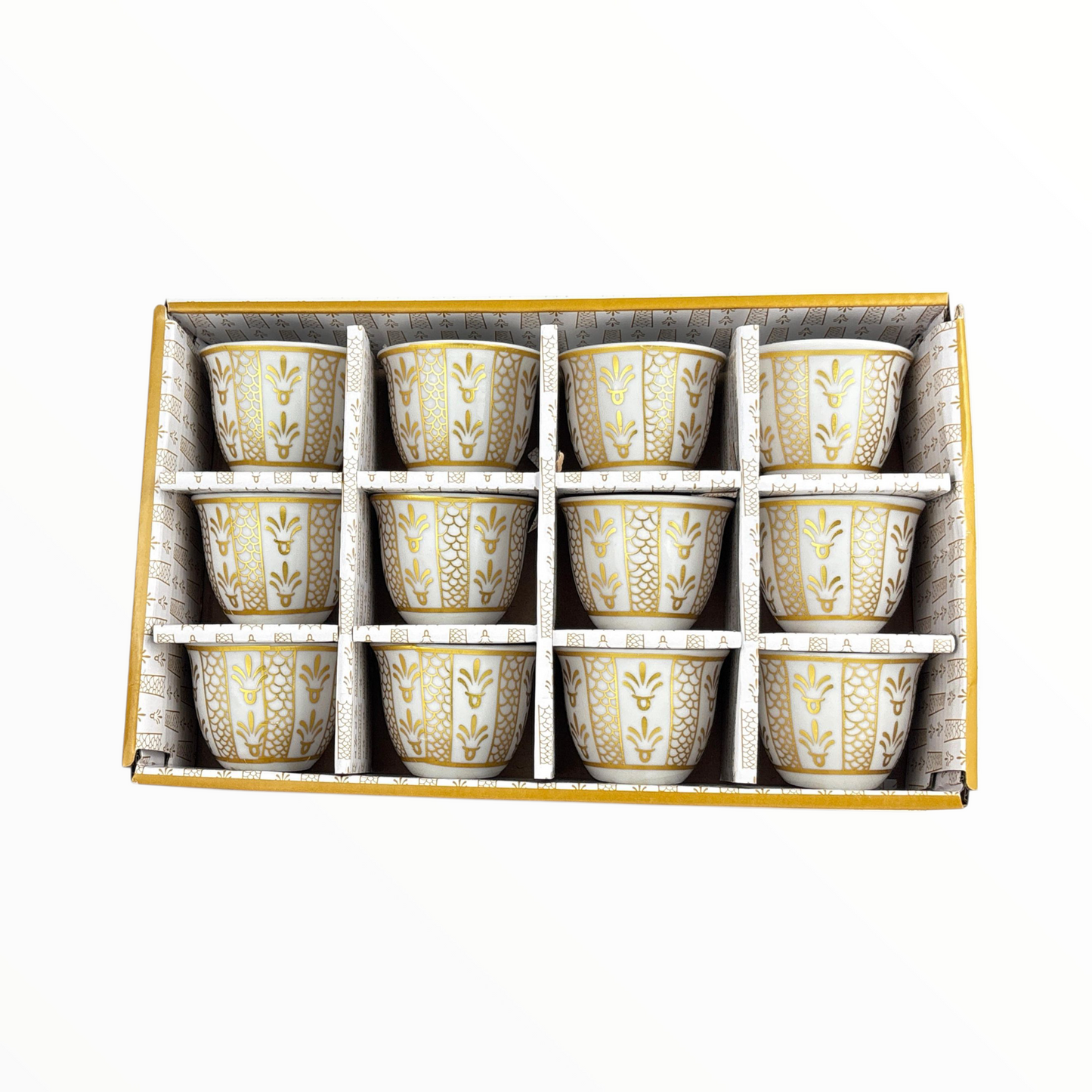 12-Piece Arabic Coffee Cups Set – Premium Gold Pattern Finjan (Ceramic)