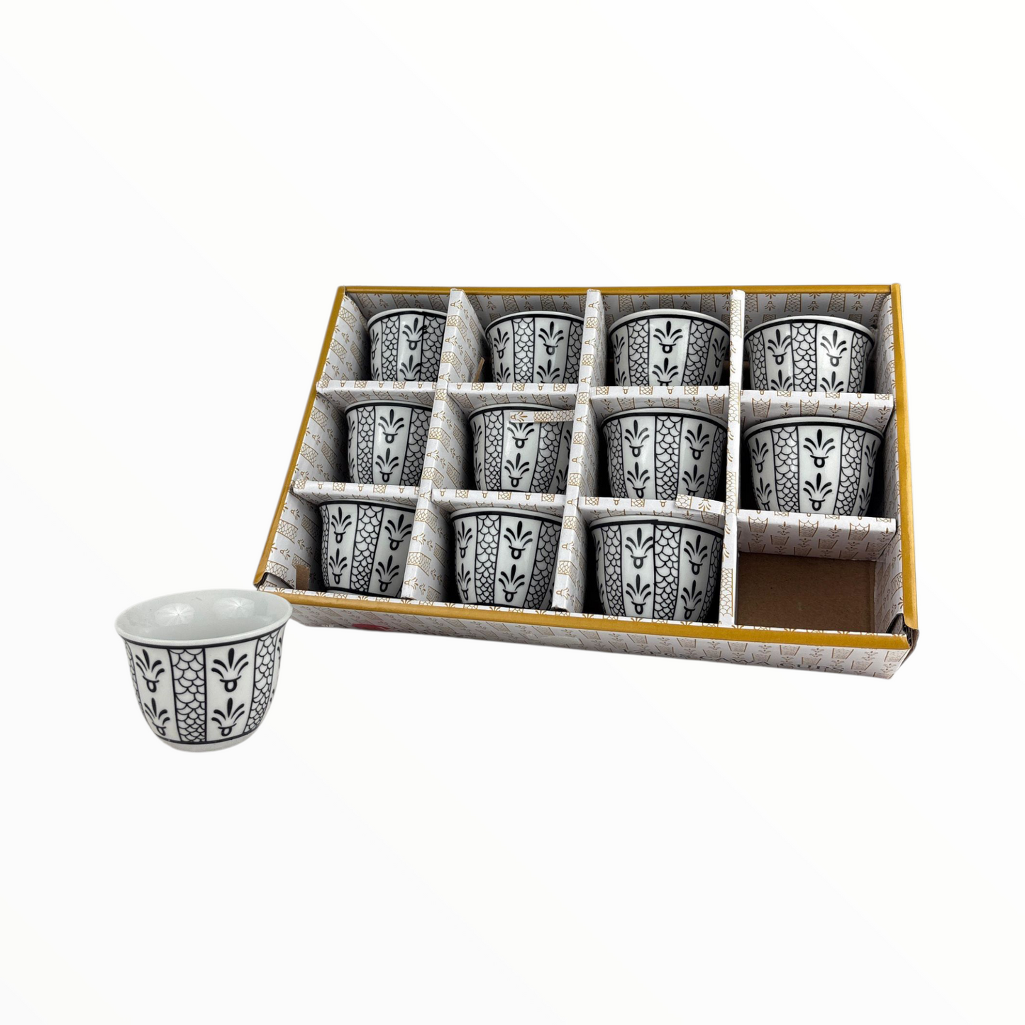 12-Piece Arabic Coffee Cups Set – Premium Black & White Finjan (Ceramic Traditional Design)