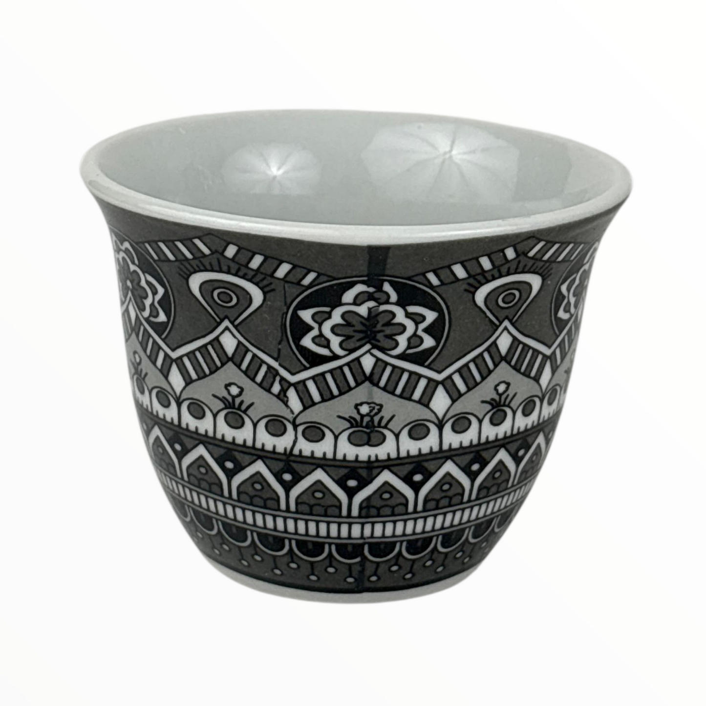 12-Piece Arabic Coffee Cups Set – Premium Ceramic Finjan with Traditional Grey Arabian Pattern