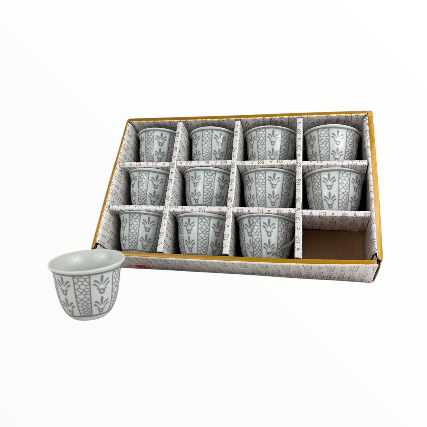 12-Piece Arabic Coffee Cups Set – Classic Grey Finjan with Traditional Pattern