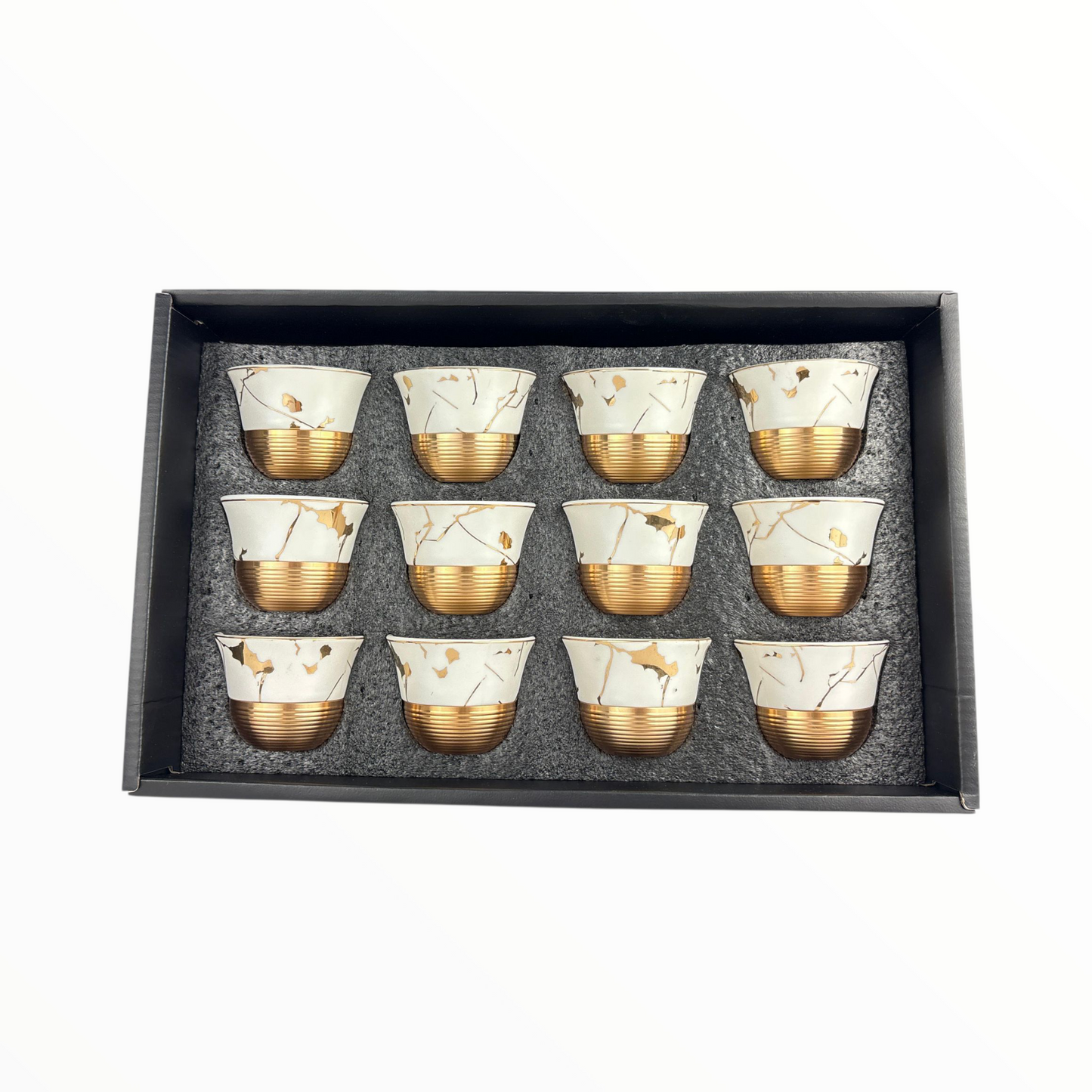 12-Piece Luxury Arabic Coffee Cups – White & Gold Marble Finjan Set (Premium Ceramic)