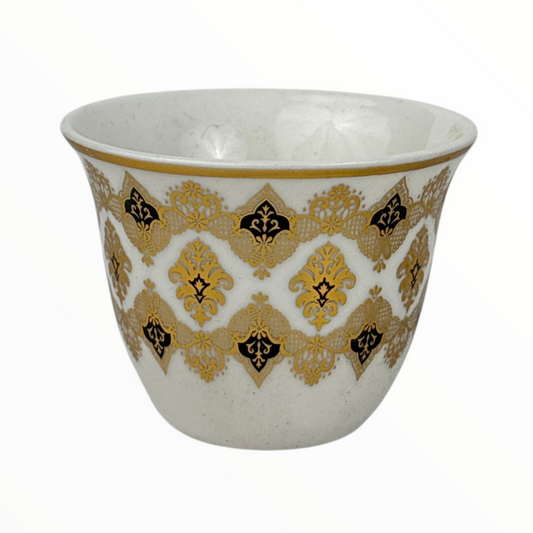 6-Piece Luxury Arabic Coffee Cups – White & Gold Patterned Finjan Set (Ceramic)