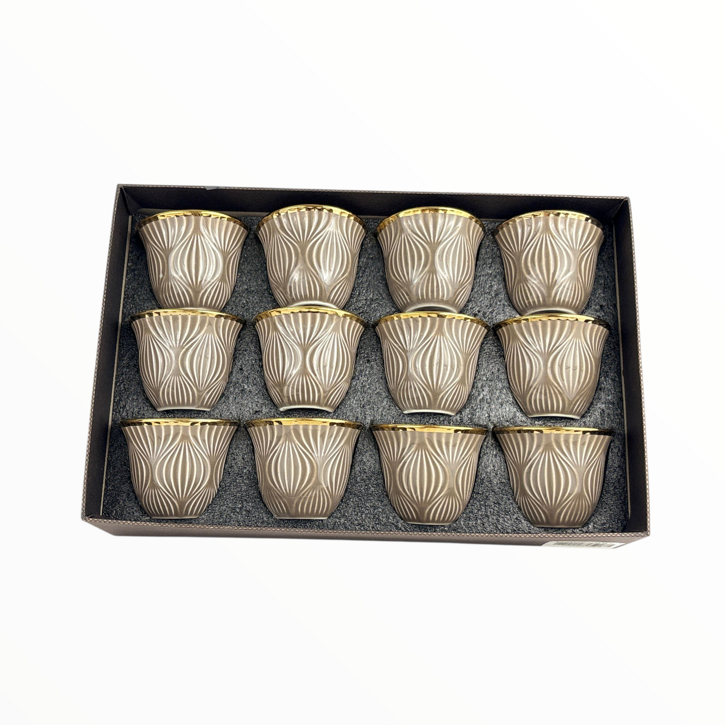 12-Piece Premium Arabic Coffee Cups – brown Embossed Finjan Set with Gold Rim (Ceramic)