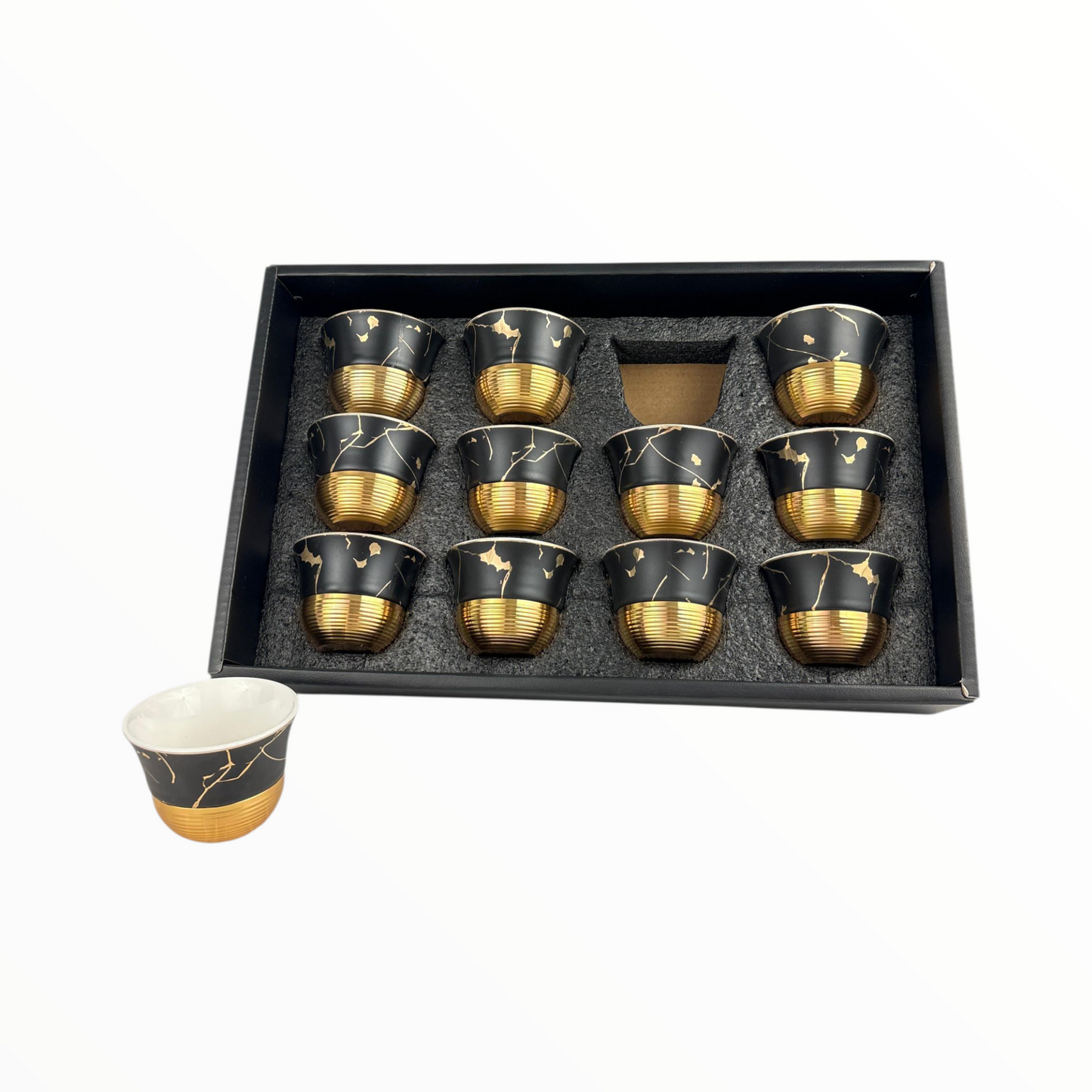 12-Piece Black & Gold Marble Arabic Coffee Cups – Premium Ceramic Finjan Set