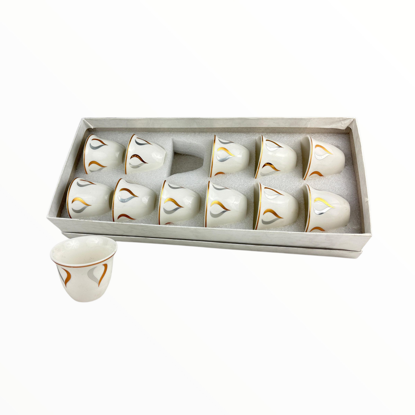 12-Piece White Arabic Coffee Cups – Classic Multi-Color Leaf Finjan Set (Ceramic)