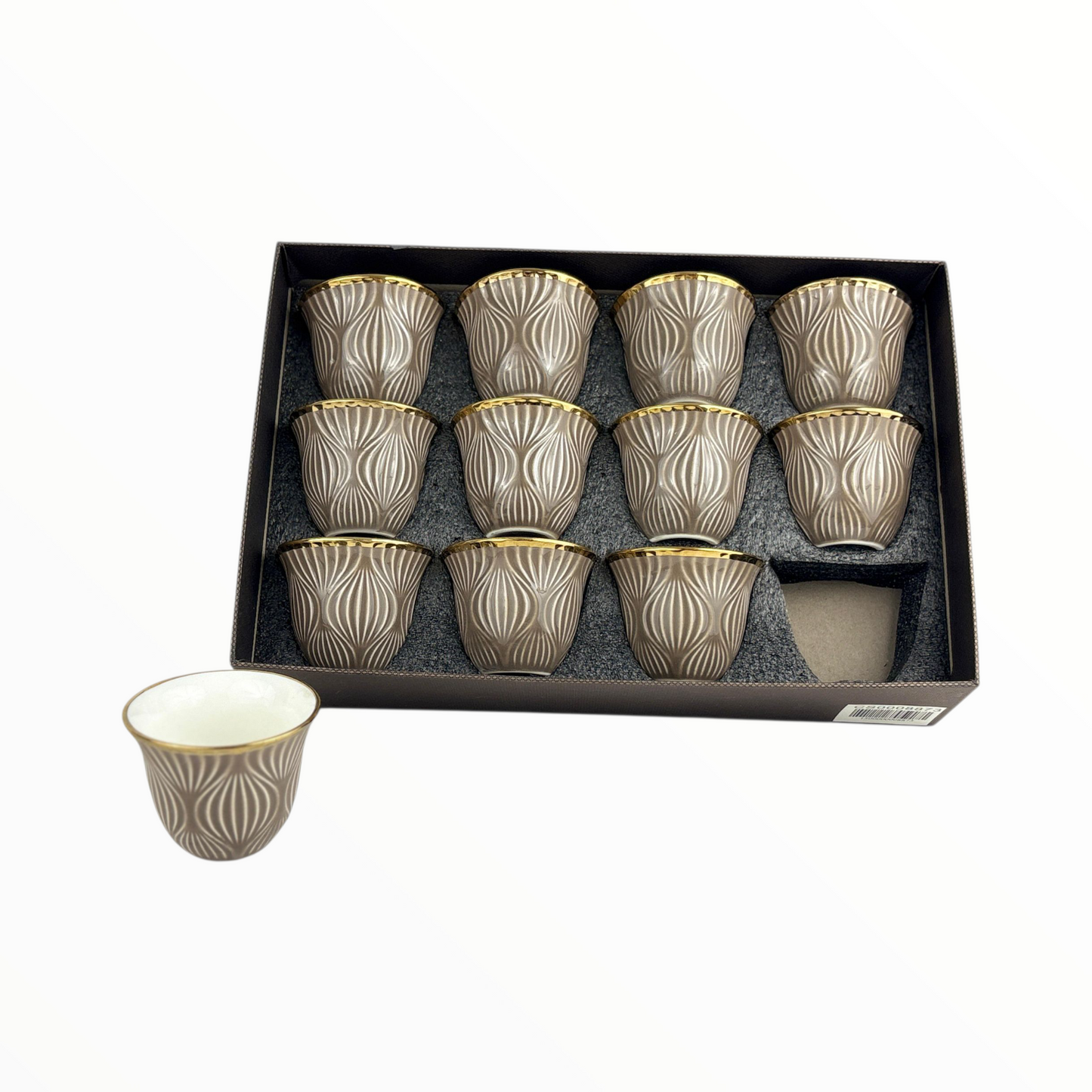 12-Piece Premium Arabic Coffee Cups – brown Embossed Finjan Set with Gold Rim (Ceramic)