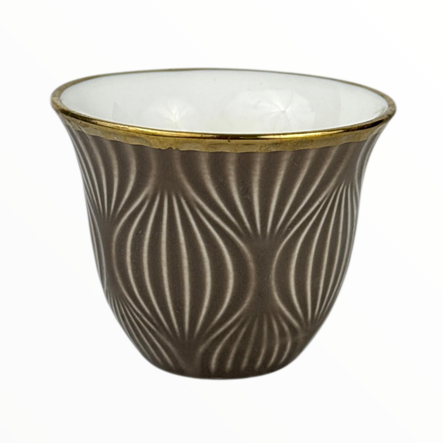 12-Piece Premium Arabic Coffee Cups – brown Embossed Finjan Set with Gold Rim (Ceramic)