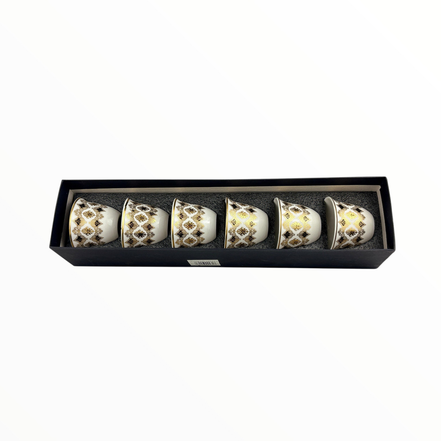 6-Piece Luxury Arabic Coffee Cups – White & Gold Patterned Finjan Set (Ceramic)