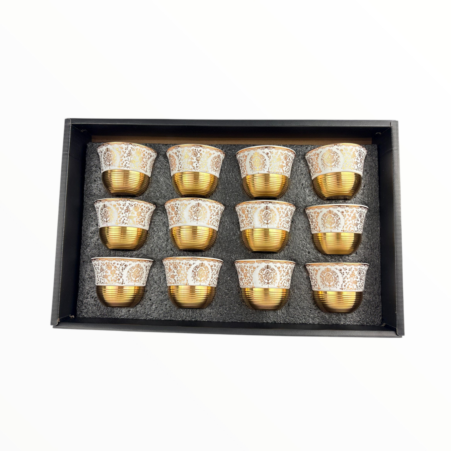 12-Piece Luxury Arabic Coffee Cups – White & Gold Marble Finjan Set (Premium Ceramic)