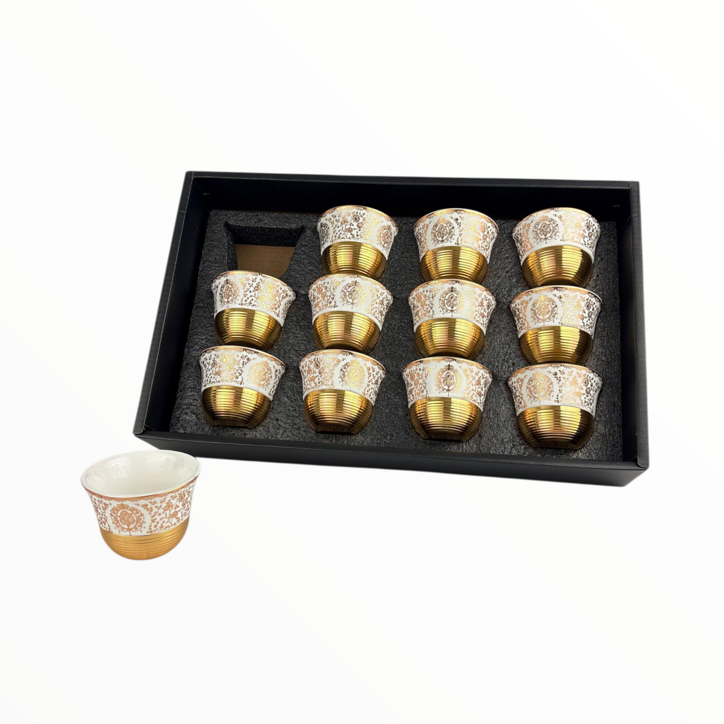12-Piece Luxury Arabic Coffee Cups – White & Gold Marble Finjan Set (Premium Ceramic)