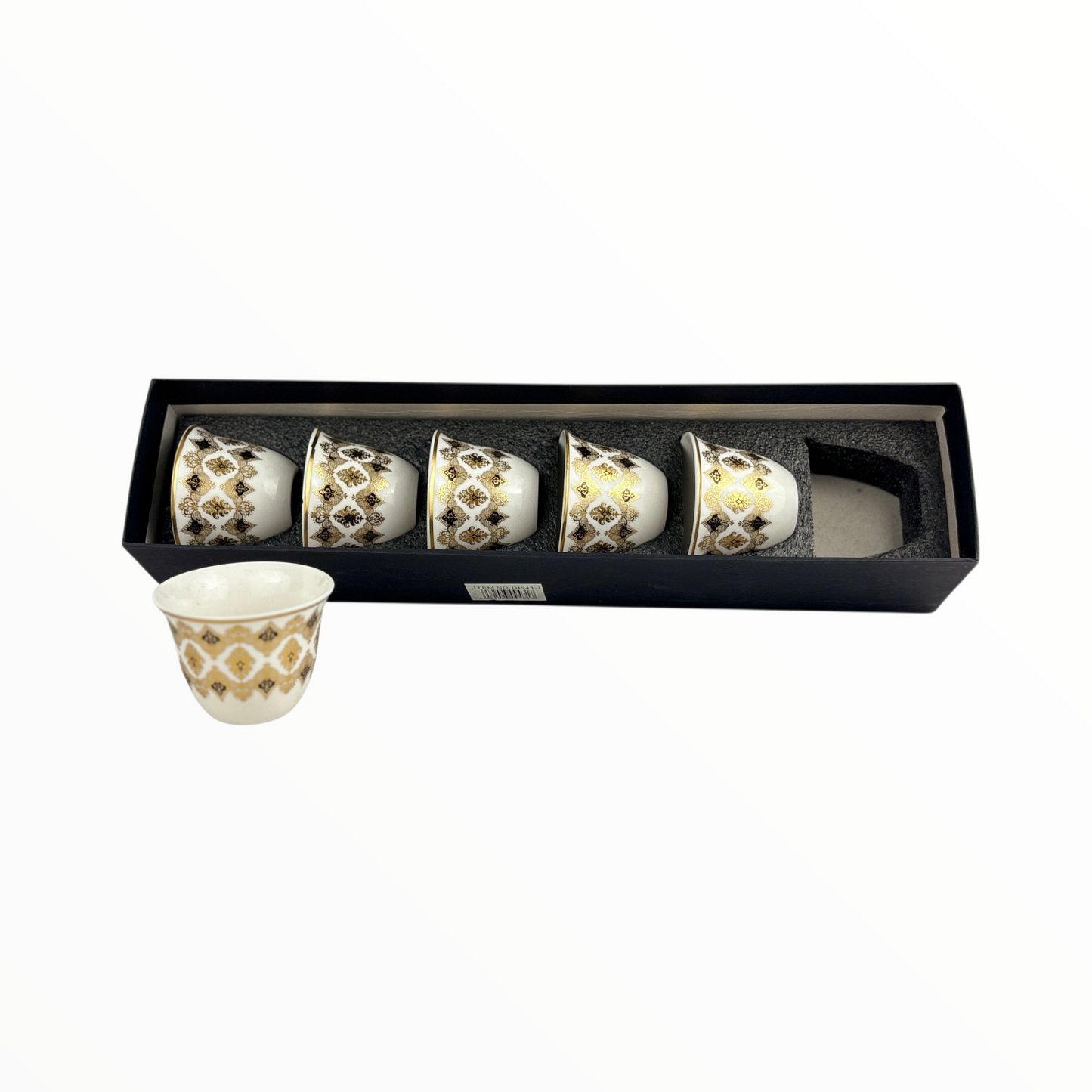 6-Piece Luxury Arabic Coffee Cups – White & Gold Patterned Finjan Set (Ceramic)