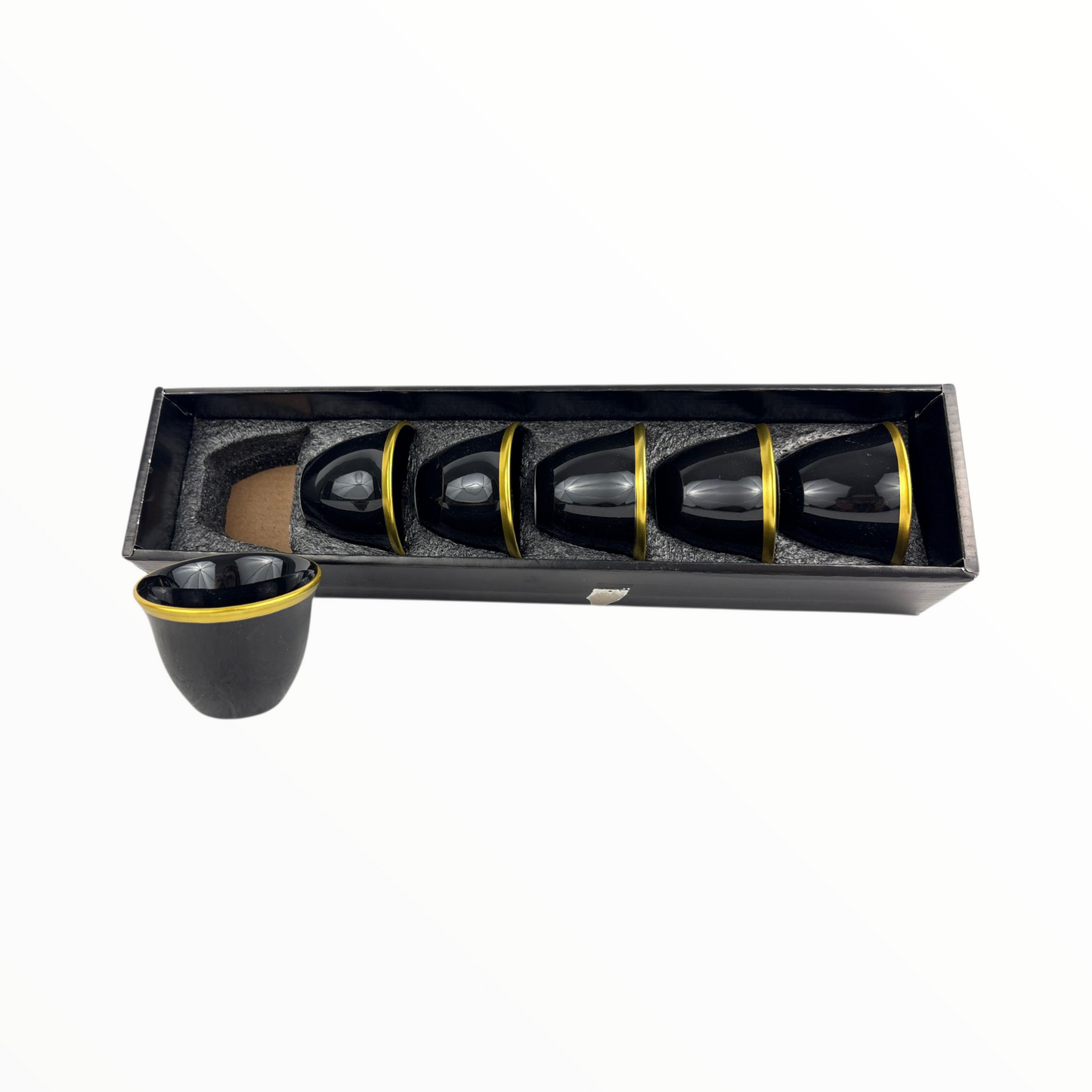 6-Piece Premium Black Arabic Coffee Cups – Glossy Finjan Set with Gold Rim (Ceramic)