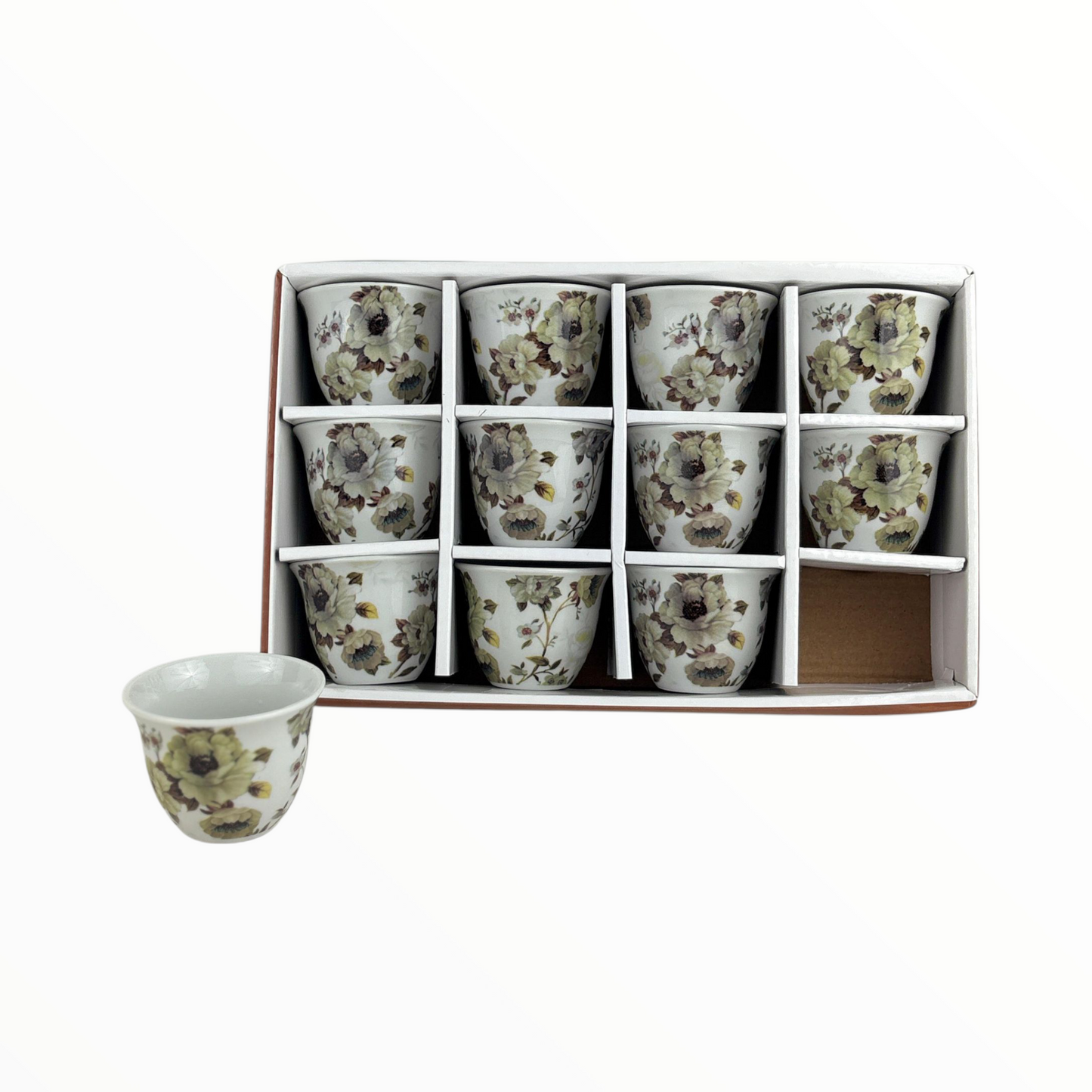 12-Piece Floral Arabic Coffee Cups – Vintage Flower Design Finjan Set (Ceramic)