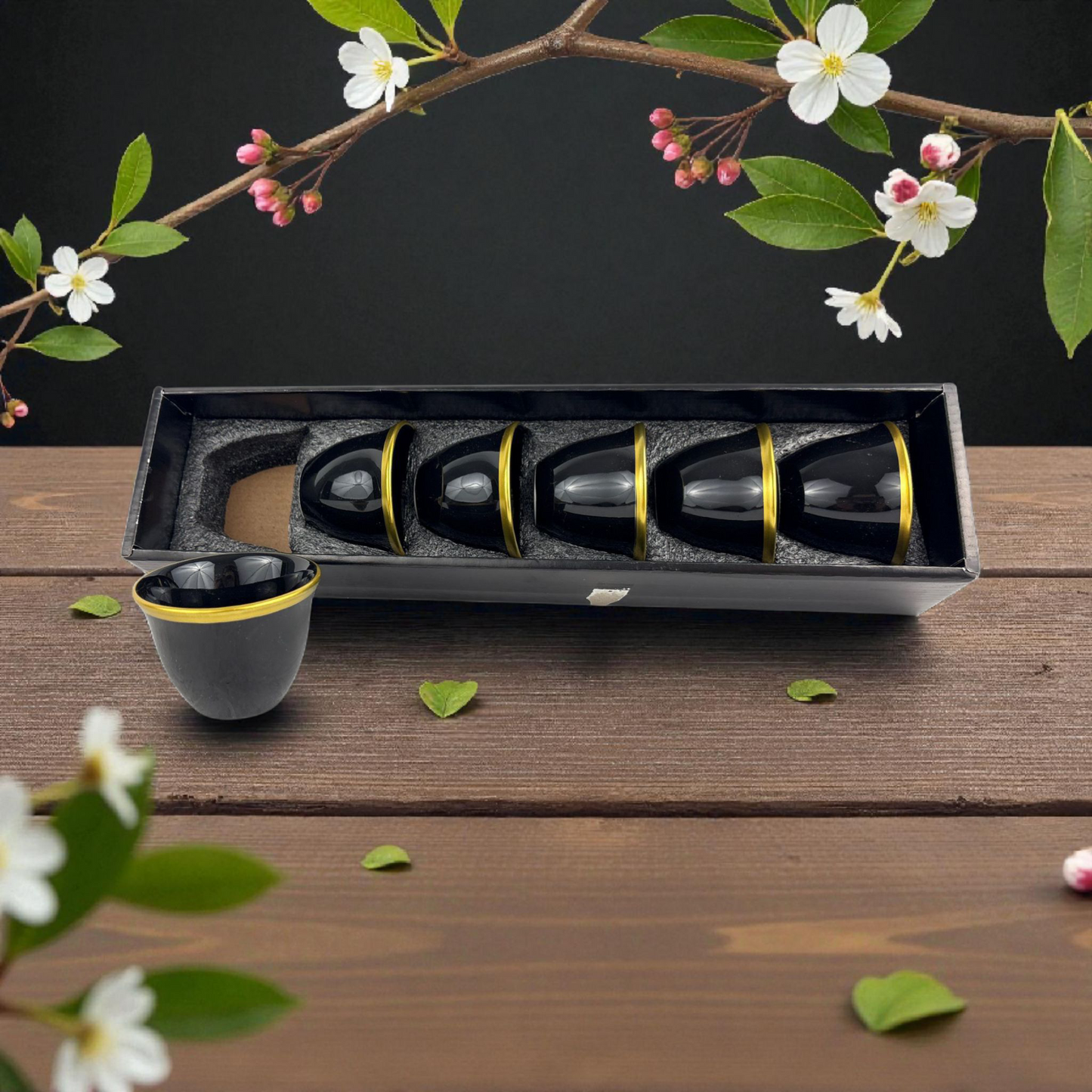 6-Piece Premium Black Arabic Coffee Cups – Glossy Finjan Set with Gold Rim (Ceramic)